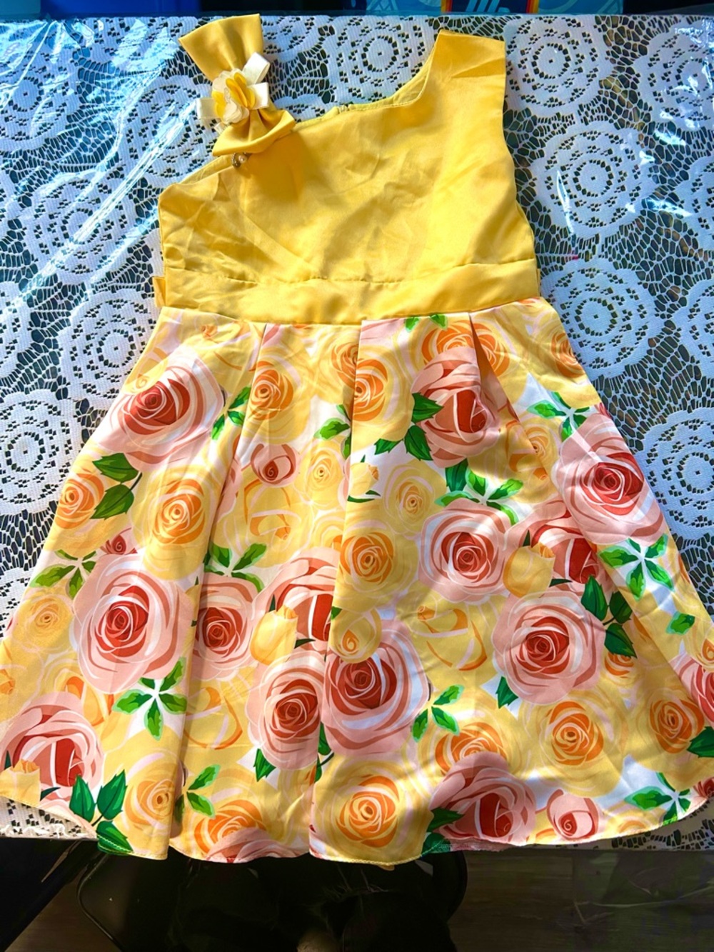Yellow Floral One-Shoulder Girls' Party Dress
